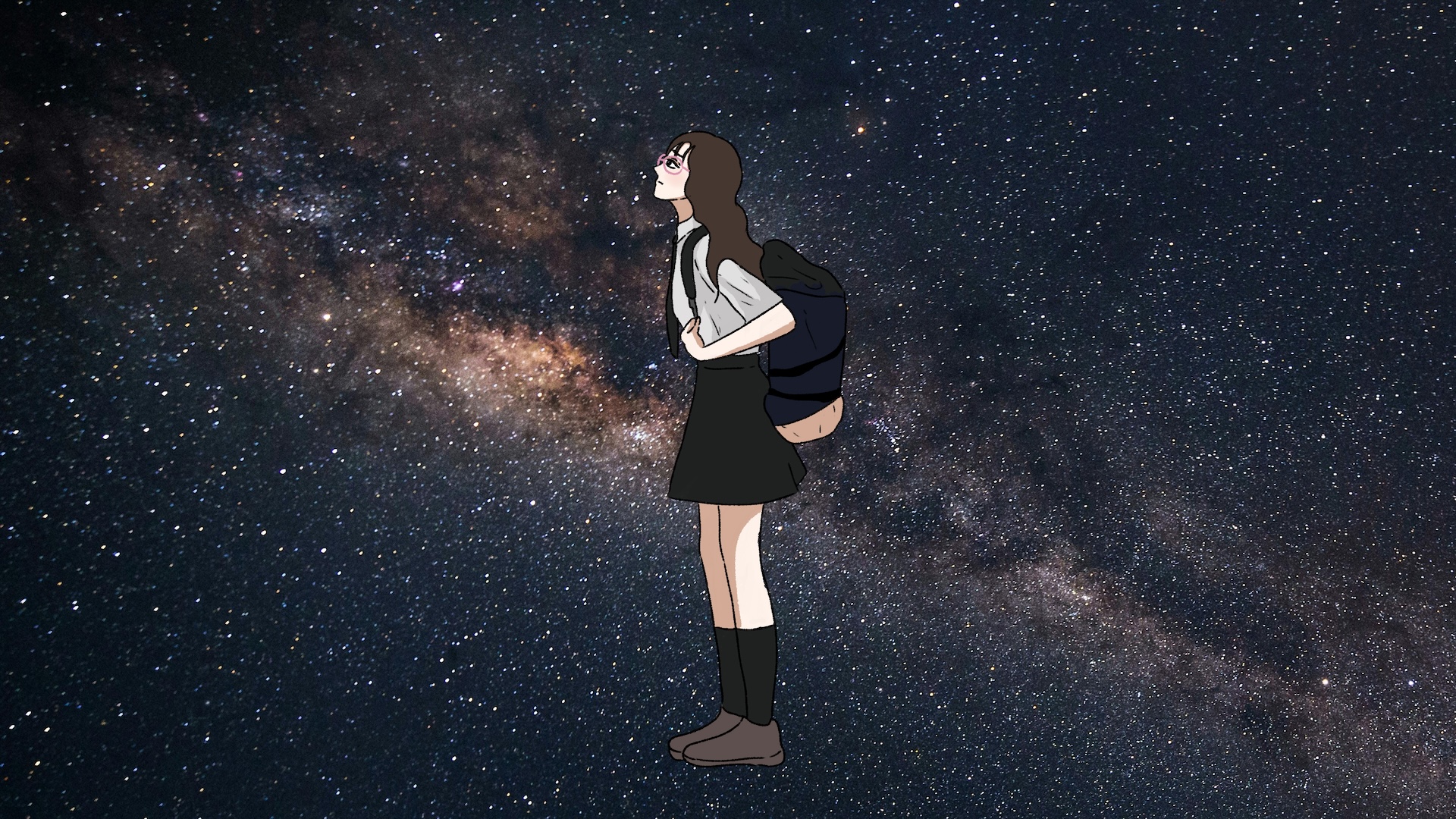 은하를 배경으로 젤리가 서서 위를 바라보고 있다.