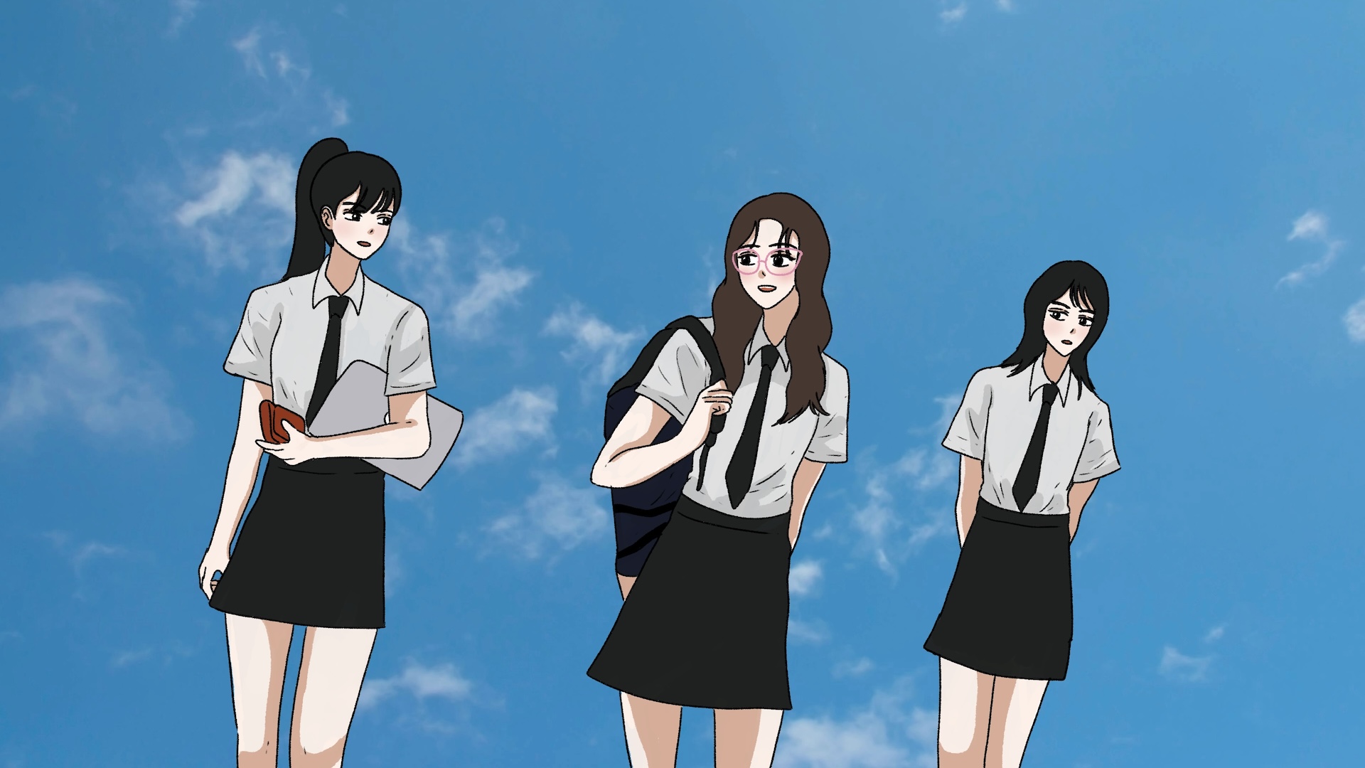 푸른 하늘을 배경으로 포니, 젤리, 허쉬가 서 있다.