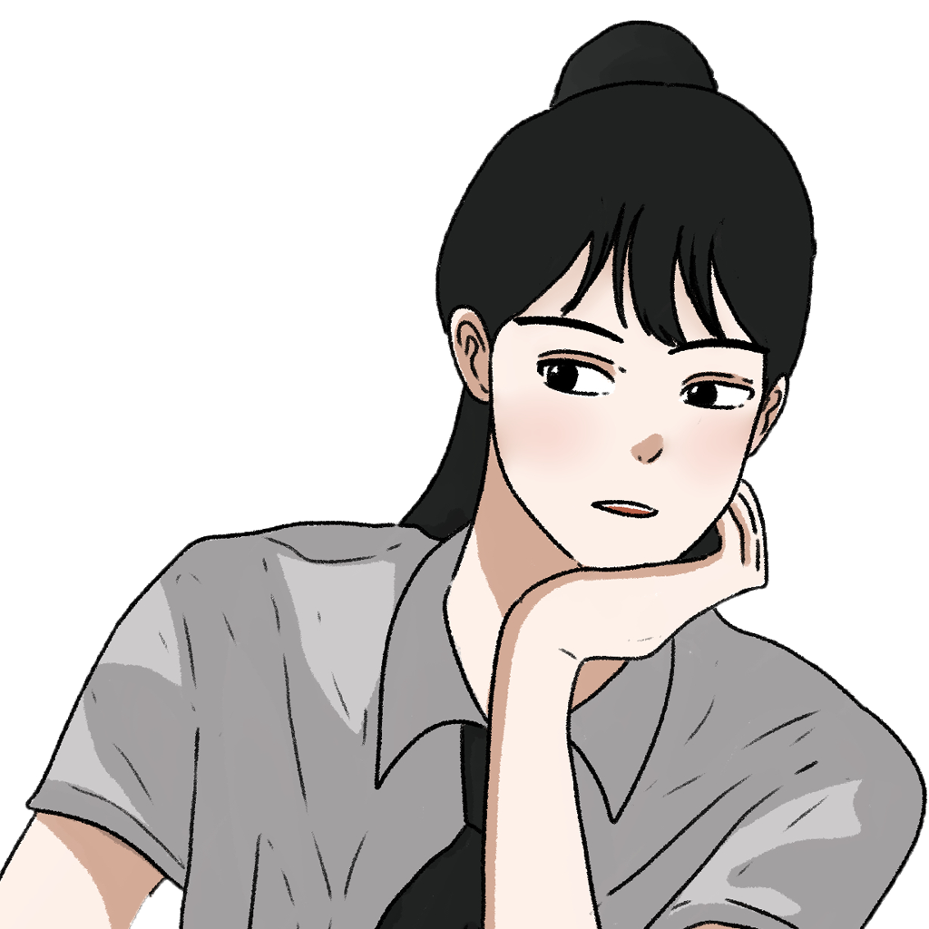 '포니'의 모습. 포니테일 헤어스타일의 여고생이 턱을 괴고 있다.